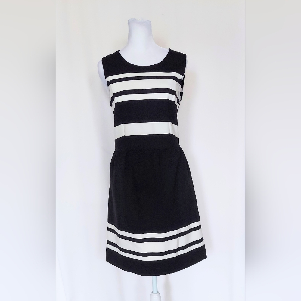 Loft Sleeveless Fit & Flare Dress Black White Stripes Size 2